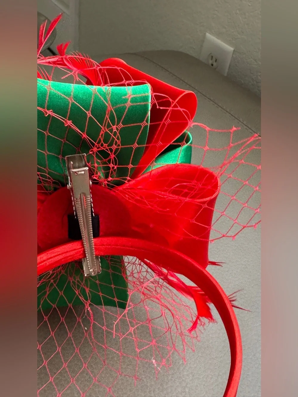 Red and Green Feathered Satin Bow Fascinator